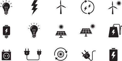 Fototapeta premium Vector Icon Set - Energy Symbols, Electricity Icons, Renewable Power, Sustainability, Minimalist Design