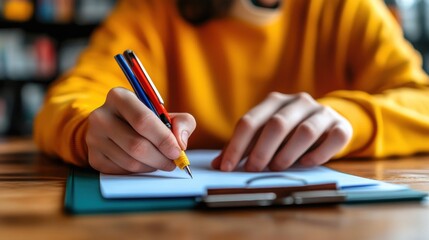 Education professional with a pen and a file, grading papers, modern teacher branding