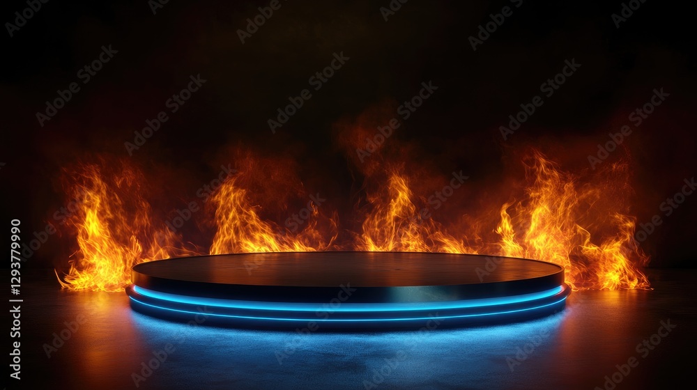 Aufkleber A futuristic round podium glowing in the darkness, surrounded by dynamic fire flames, creating a high-impact visual for modern event or performance concepts