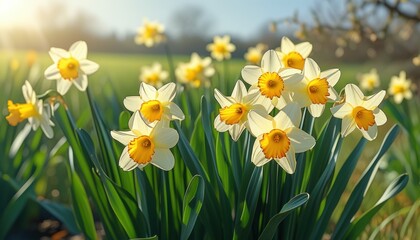 Fototapeta premium Vibrant daffodils blooming in a lush spring garden with copy space for seasonal design and decor