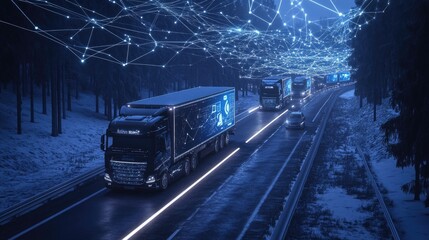 A futuristic logistics concept with trucks traveling along a networked cargo route, surrounded by digital connections symbolizing efficiency in freight movement