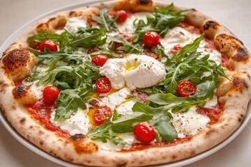 Delicious pizza topped with fresh tomatoes, creamy burrata, and