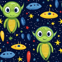Naklejka premium Cute Green Aliens and UFOs Seamless Pattern on Dark Blue Starry Background