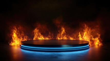 A futuristic round podium glowing in the darkness, surrounded by dynamic fire flames, creating a high-impact visual for modern event or performance concepts