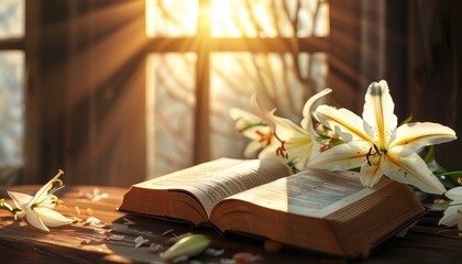 Open holy bible with sunlight and lilies for study and reflection with copy space