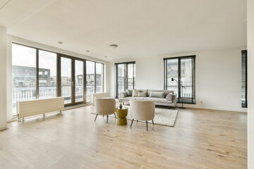Bright and airy modern living room featuring stylish furniture and large windows that invite natural light, creating a warm and inviting atmosphere.