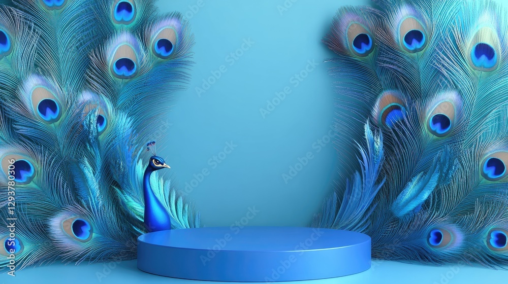 Poster a gleaming blue podium surrounded by vibrant peacock feathers, set against a serene gradient blue ba