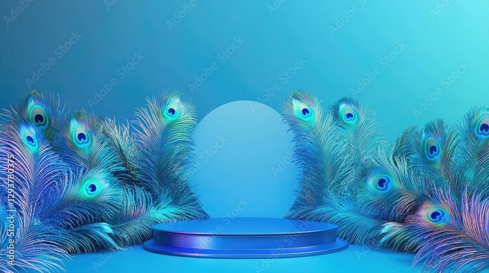 Poster a gleaming blue podium surrounded by vibrant peacock feathers, set against a serene gradient blue ba