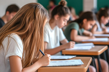 Students taking a written exam in a classroom setting