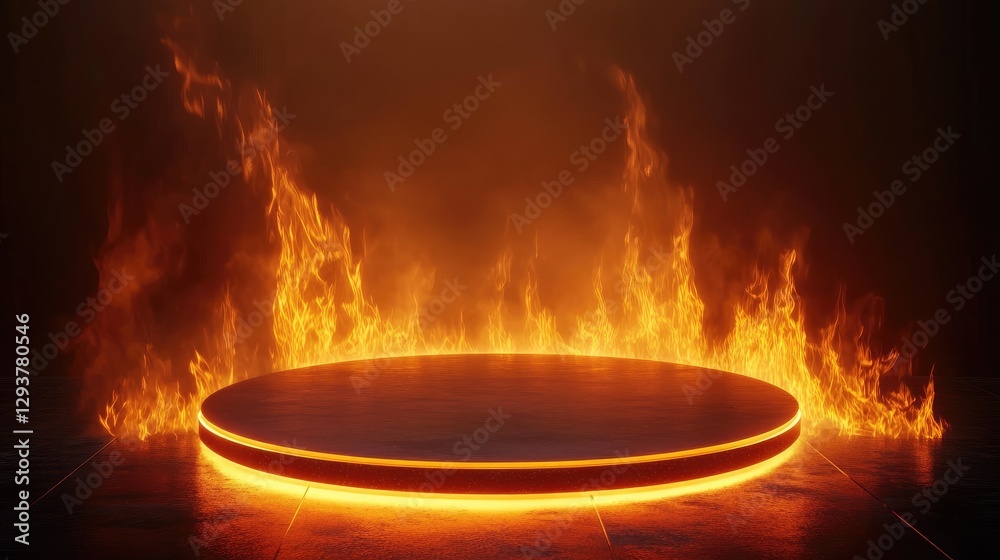 Poster a glowing round podium amidst fiery flames, glowing brightly in the dark, creating a striking and dr