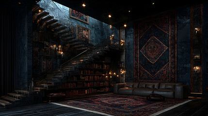 Obraz premium Dark library interior with stone stairs, books, and rugs