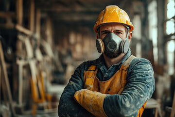Construction worker wearing protective gear at a busy site