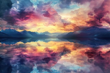 Fototapeta premium Vibrant sunset over mountains reflecting in calm lake