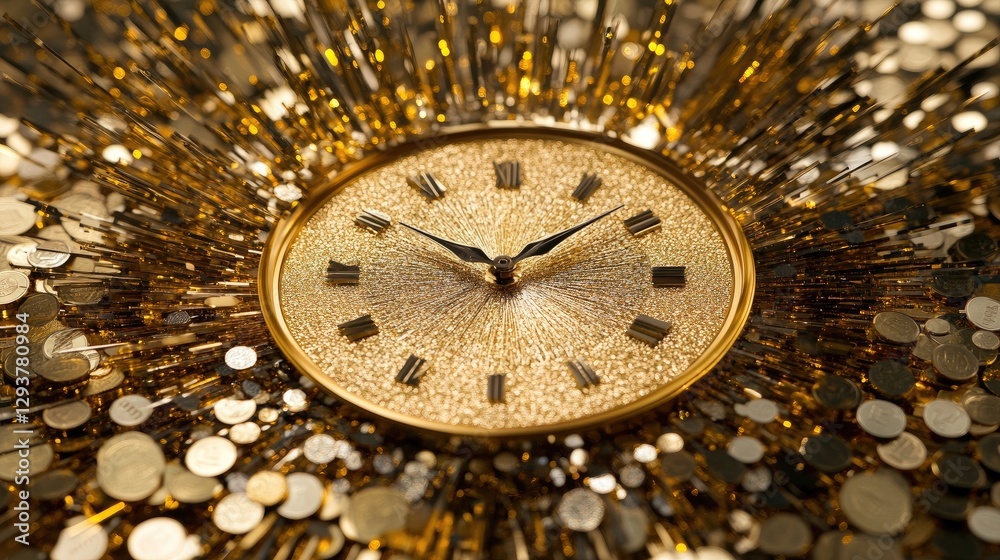 Poster A golden clock surrounded by shimmering coins, symbolizing wealth and time management in a minimalist setting, perfect for financial or luxury themes