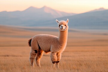 Soft alpaca stands gracefully in golden grasslands under serene