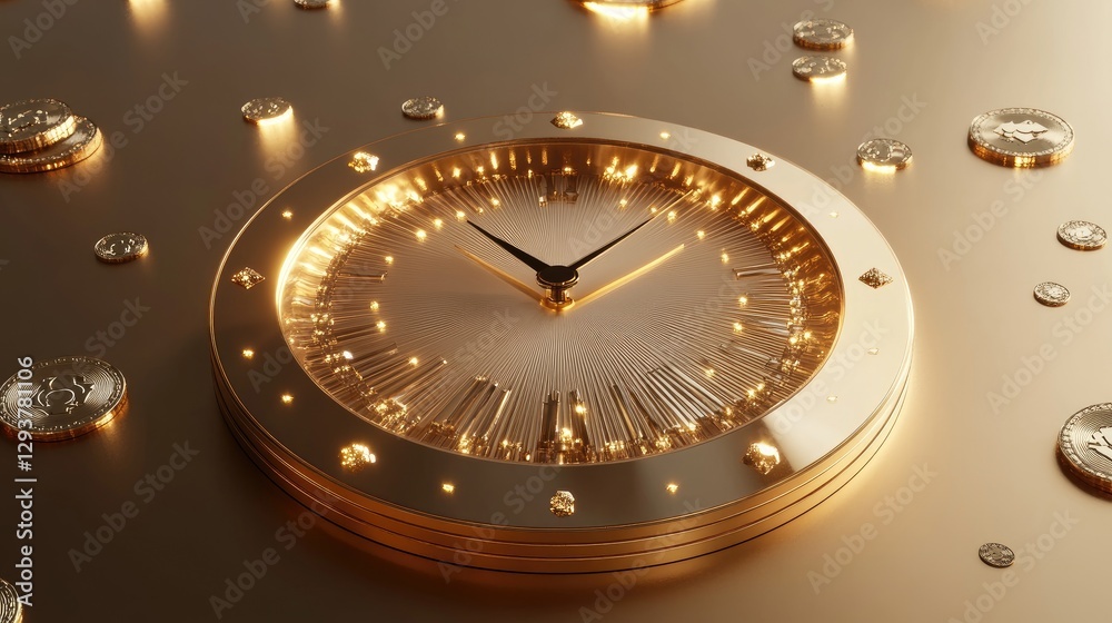 Aufkleber A golden clock with glimmering coins surrounding it, emphasizing wealth and time management in a sophisticated minimalist setting for financial visuals