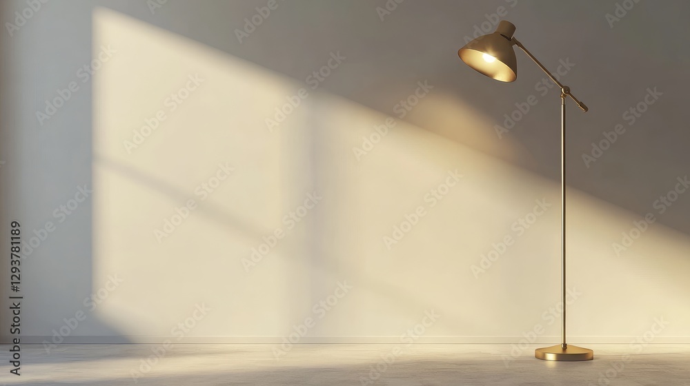 Poster A golden lamp overhead casts a spotlight, illuminating a clean, minimalist studio space, ideal for adding text or graphics for professional design work