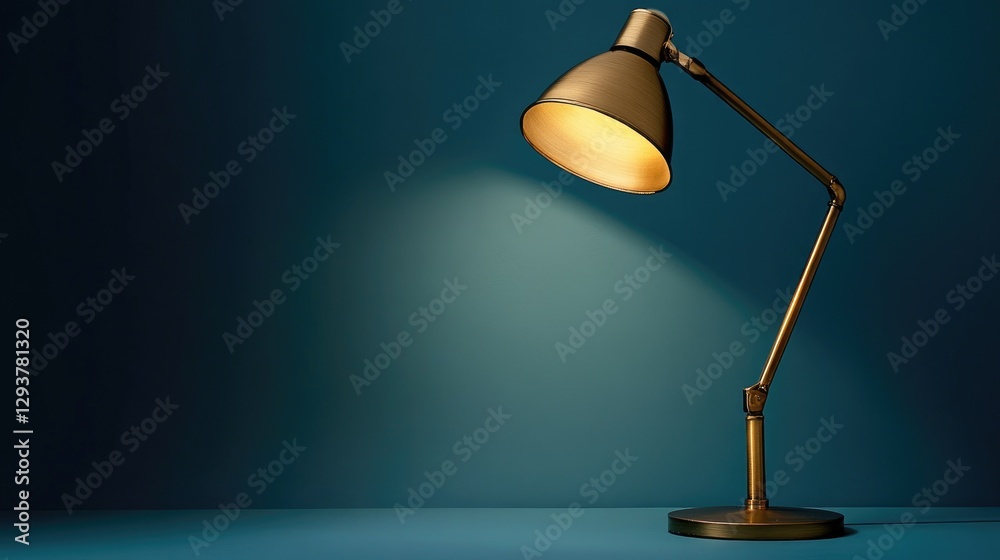Poster a golden lamp shines from above, casting a focused spotlight on a clean studio background, providing
