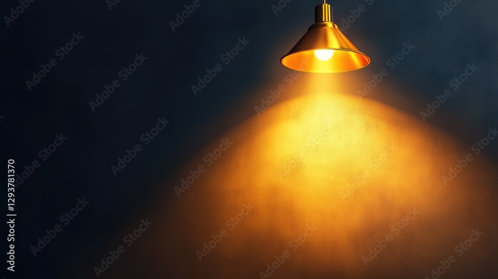Poster a golden lamp shines from above, casting a focused spotlight on a clean studio background, providing