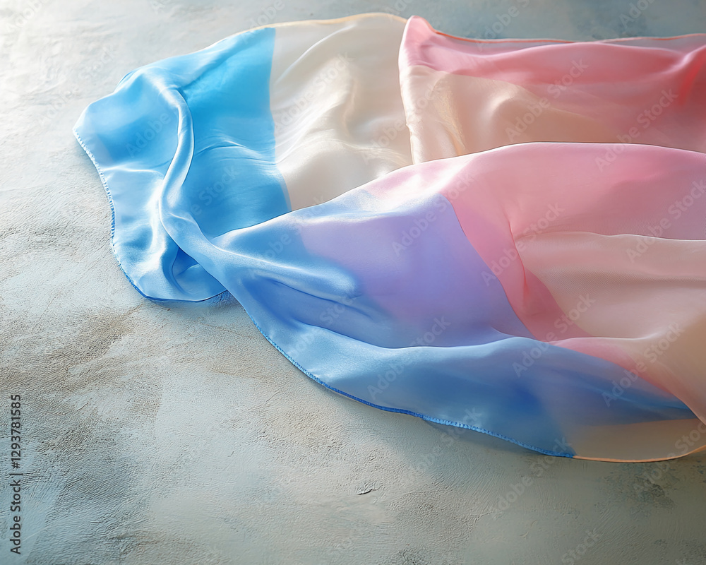 Poster close-up of a soft, flowing fabric with a gradient of blue and pink tones, symbolizing elegance, sof