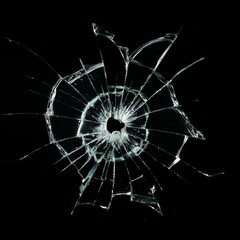 StructureBroken glass with central impact and radial cracks on a black background, highlighting details of the fractured crystal. Shattered glass texture with light effects on the crac overview
