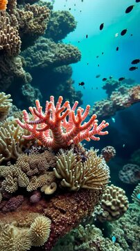 A coral reef with a pink coral and a green coral. There are fish swimming around the coral
