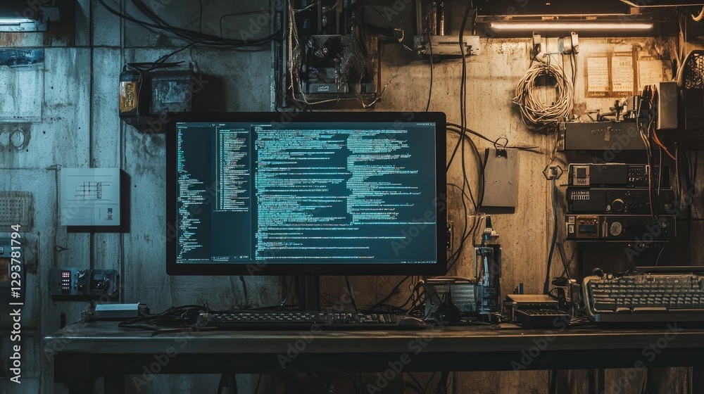 Aufkleber A gritty industrial workshop features a computer screen displaying live programming code, with exposed wires and metal panels reflecting the rough work environment