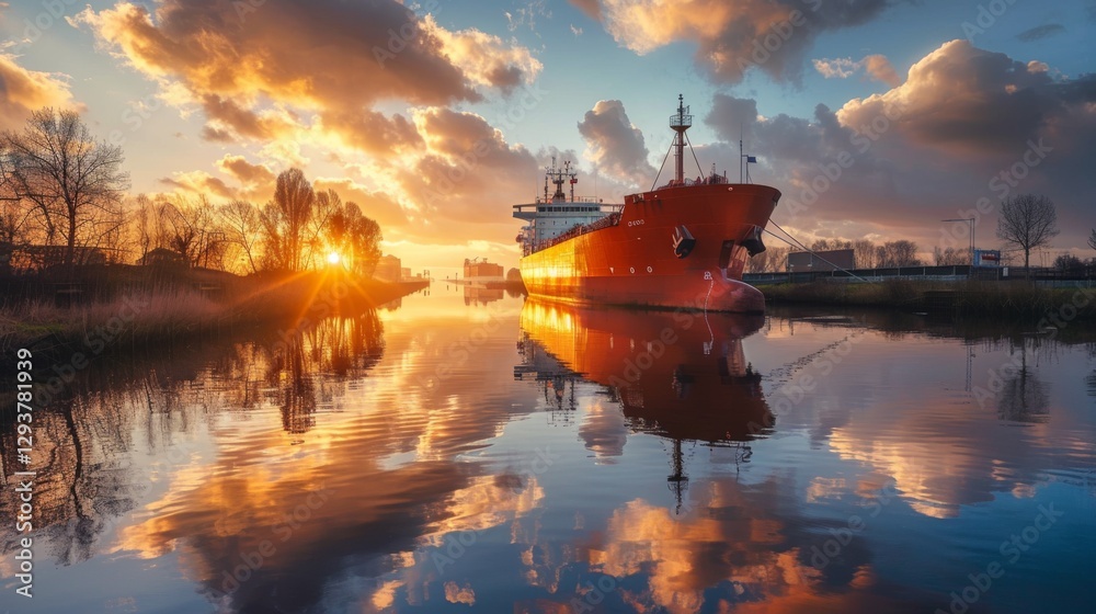 Poster a large red ship floats peacefully in a waterway during sunset. vibrant clouds reflect in the water 