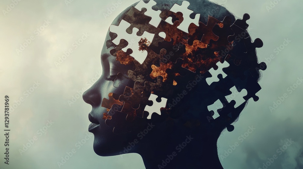 Poster a head silhouette with missing puzzle pieces, symbolizing the emotional and cognitive effects of mem
