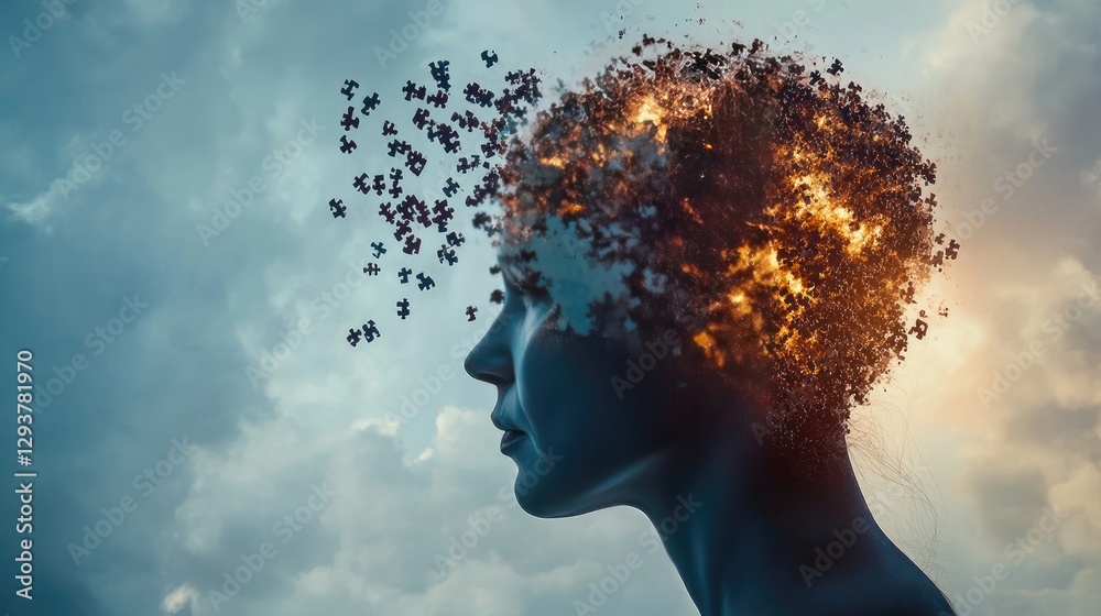 Poster a head silhouette with missing puzzle pieces, symbolizing the emotional and cognitive effects of mem