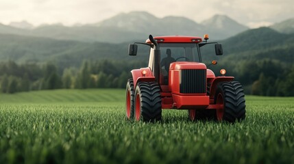 Fototapeta premium Eco Friendly Electric Tractor Cultivating a Lush Green Field for Sustainable Farming with Innovative Vehicles Sustainable agriculture technologies modern farming machinery