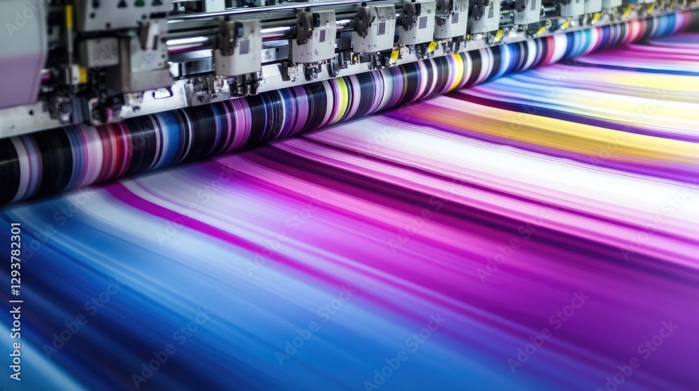 Poster A high-performance industrial printer creating colorful graphics on large paper, with vivid hues and sharp detail in a well-equipped print shop