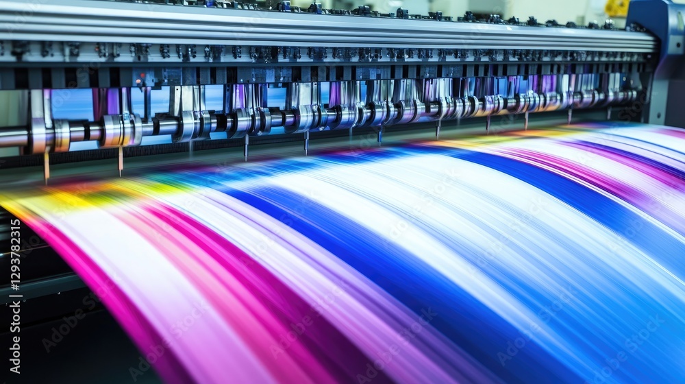 Aufkleber A high-performance industrial printer creating colorful graphics on large paper, with vivid hues and sharp detail in a well-equipped print shop