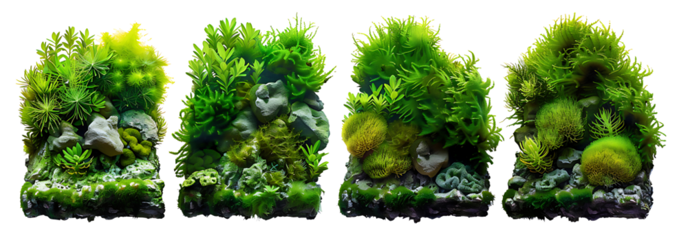 Set of green aquatic algae coral reef. Isolated on transparent background. PNG
