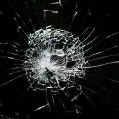 Obraz premium Broken glass with central impact and radial cracks on a black background, highlighting details of the fractured crystal. Shattered glass texture with light effects on the cracks