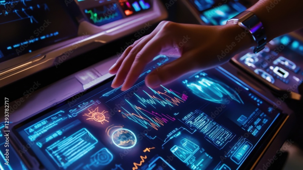 Poster scientist wearing a smartwatch interacting with a futuristic touchscreen interface showcasing charts