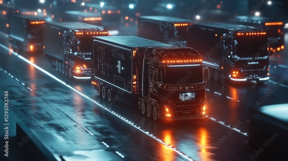 Poster a high-tech logistics concept featuring trucks connected by digital networks, representing innovatio