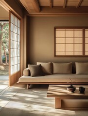 A Japanese inspired minimalist room interior with natural elements
