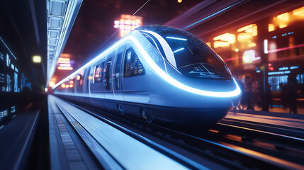 A high speed futuristic subway connecting business hubs with neon light. Transportation concept
