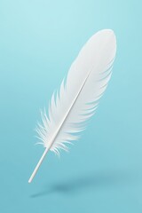 Obraz premium Single white feather floats gently on pale blue, serene background, design, illustration, background
