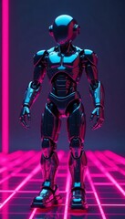 Fototapeta premium Sleek chrome robot, pink grid field, neon glow , electronic, futuristic technology, game