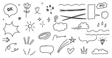 Doodle set arrow, heart, speech bubble, cloud, bush, flower, stars, sparkle decoration element