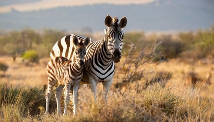 Fototapeta premium Wild African Morn, Plains Zebra Mother and Foal Gazing Underneath the Brilliant African Sky, Capturing the Pure Joy and Bond in the Wild. characters