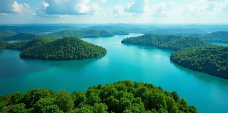 Stunning aerial panorama, vibrant blues, green isles , remote, island chain