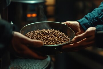 Baristas holding hot roasted coffee beans in bowl near roaster machine