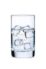Sparkling water with ice cubes in a glass isolated on white