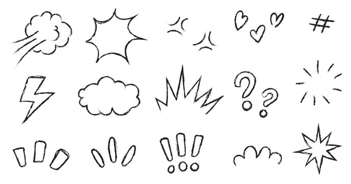 Cartoon emotion mark effect decoration icon, hand drawn doodle line comic element