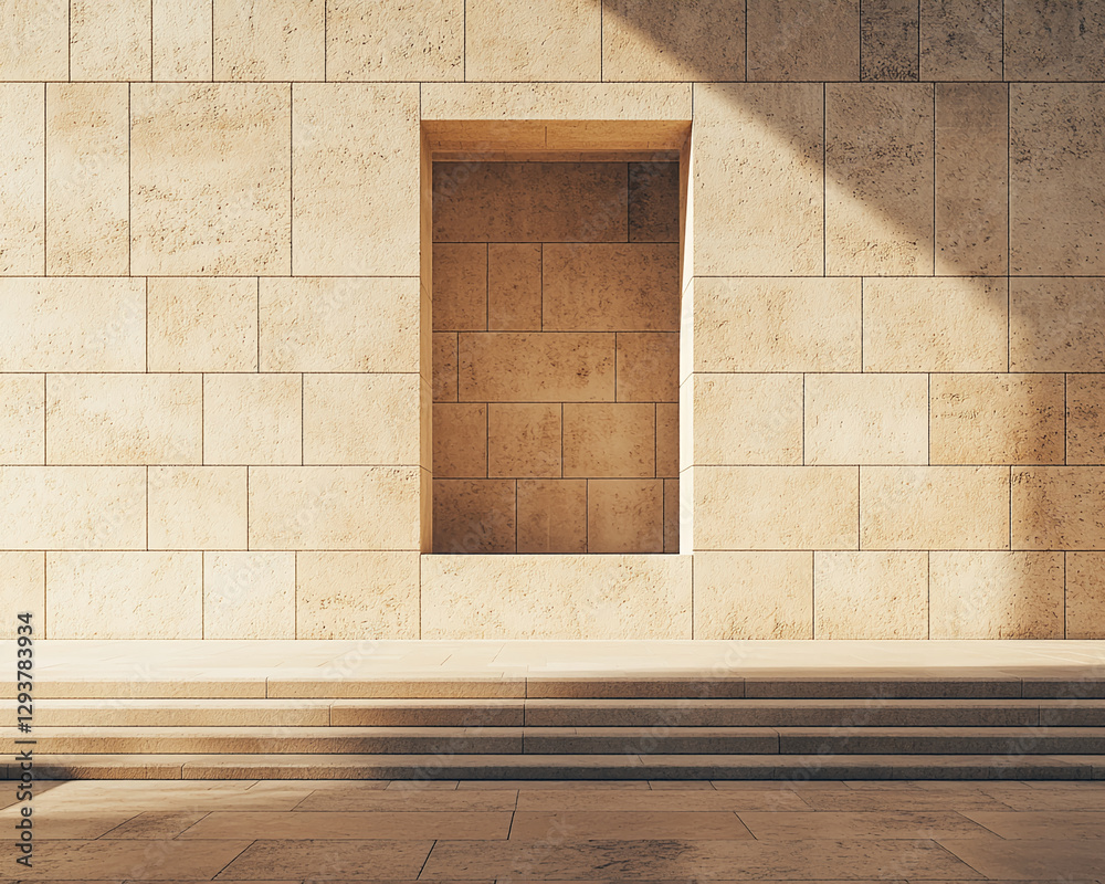Fototapete empty architectural niche with warm beige tiles and light coming through, showcasing a minimalist de
