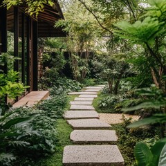 Fototapeta premium Serene garden pathway invites you to explore its environment and beauty