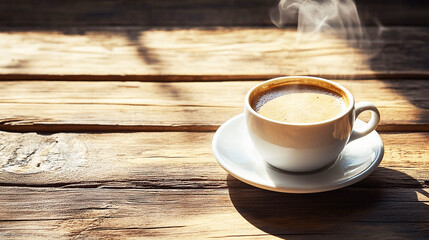 木のテーブルに置かれた湯気の立つホットコーヒー
